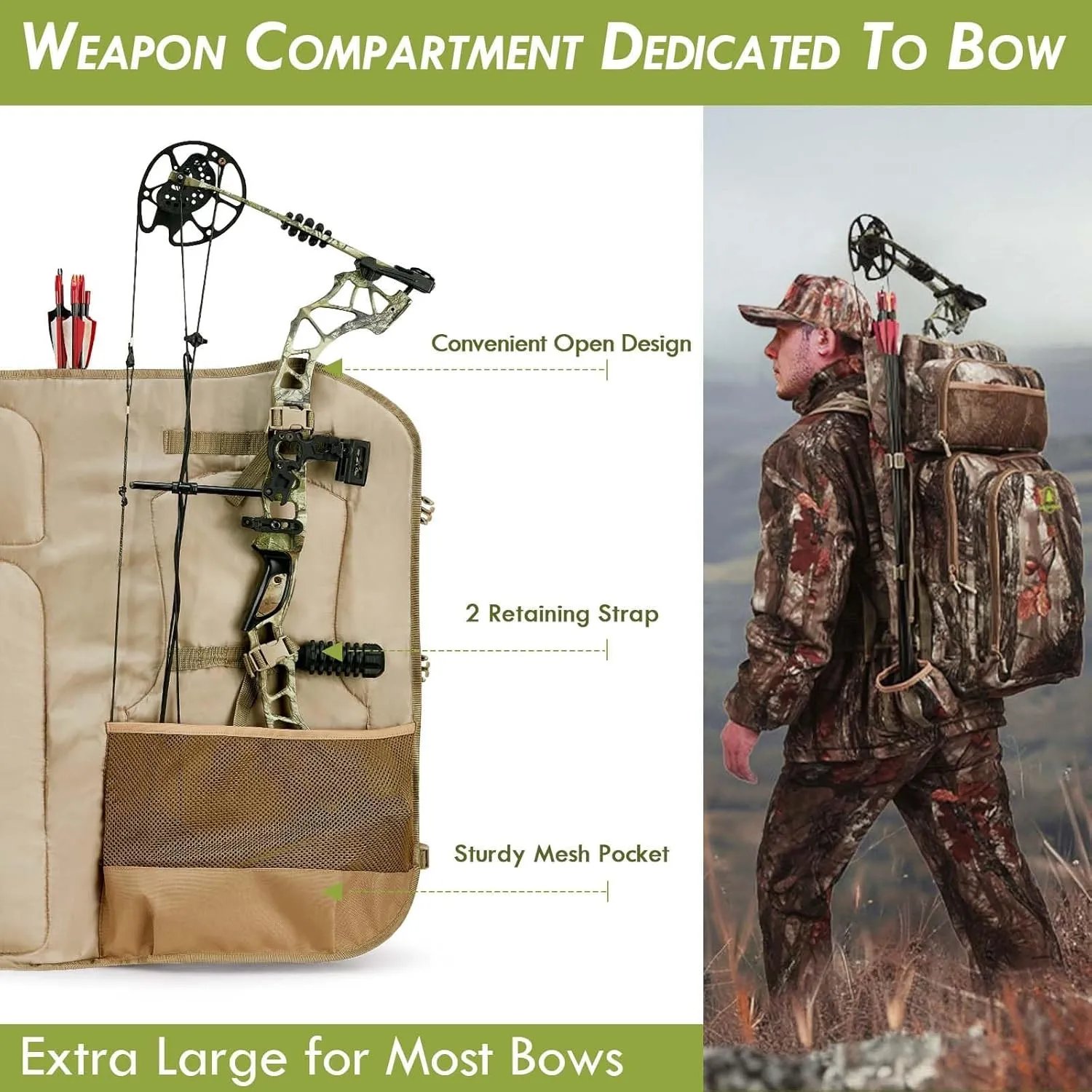 Bow Hunting Backpack for Men, Saddle Camo backpack with Bow Holder, Compound Bow Hunting Bag for Deer and Elk Hunting