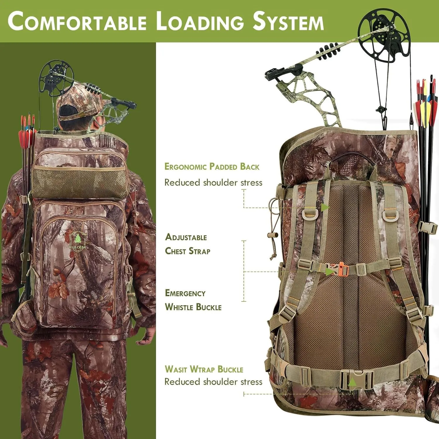 Bow Hunting Backpack for Men, Saddle Camo backpack with Bow Holder, Compound Bow Hunting Bag for Deer and Elk Hunting