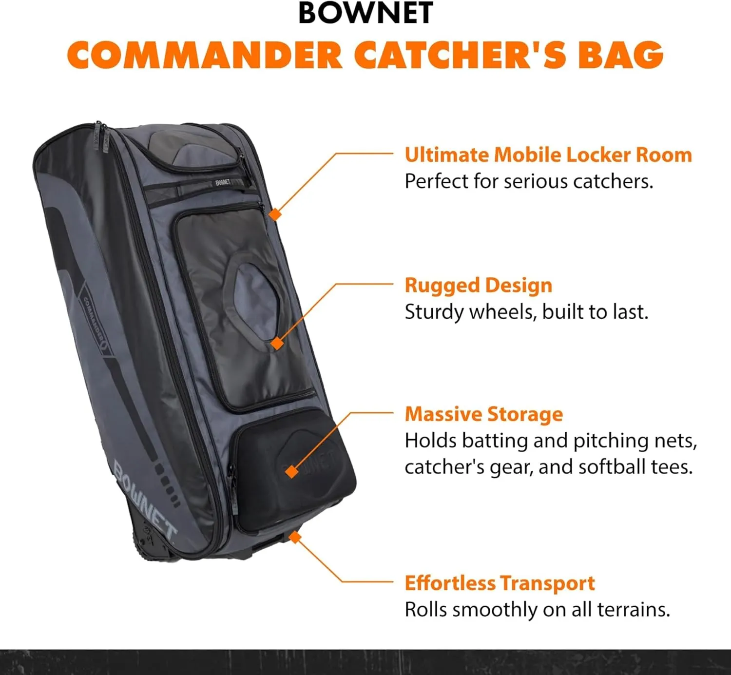 Bownet Commander Catcher’s Bag – Wheeled Baseball & Softball Gear Bag w/Helmet & Bat Storage, 14 Pockets, Travel Ready