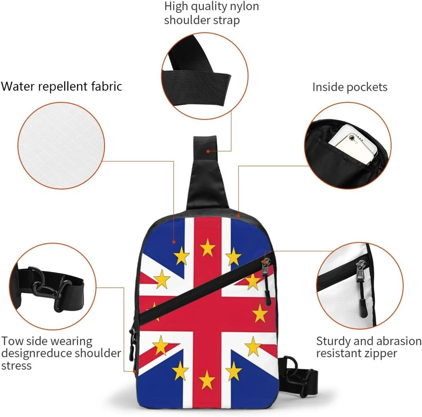 British England UK European Union Jack Flag Crossbody Bag Portable Sling Bags Foldable Chest Daypack Reusable Sports Shoulder Backpack Diagonally Casual Rucksack Travel Bag