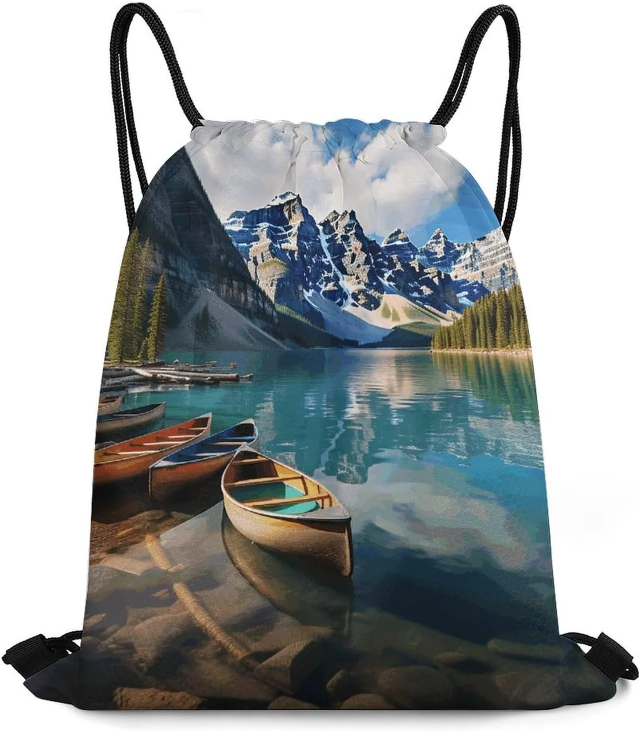Bundle Pocket, Moraine Lake Canoes Print Versatile Sports Bag Travel Drawstring Bag Gym Backpack Lightweight Travel Bag, 35*42cm, Style