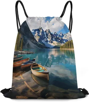 Bundle Pocket, Moraine Lake Canoes Print Versatile Sports Bag Travel Drawstring Bag Gym Backpack Lightweight Travel Bag, 35*42cm, Style