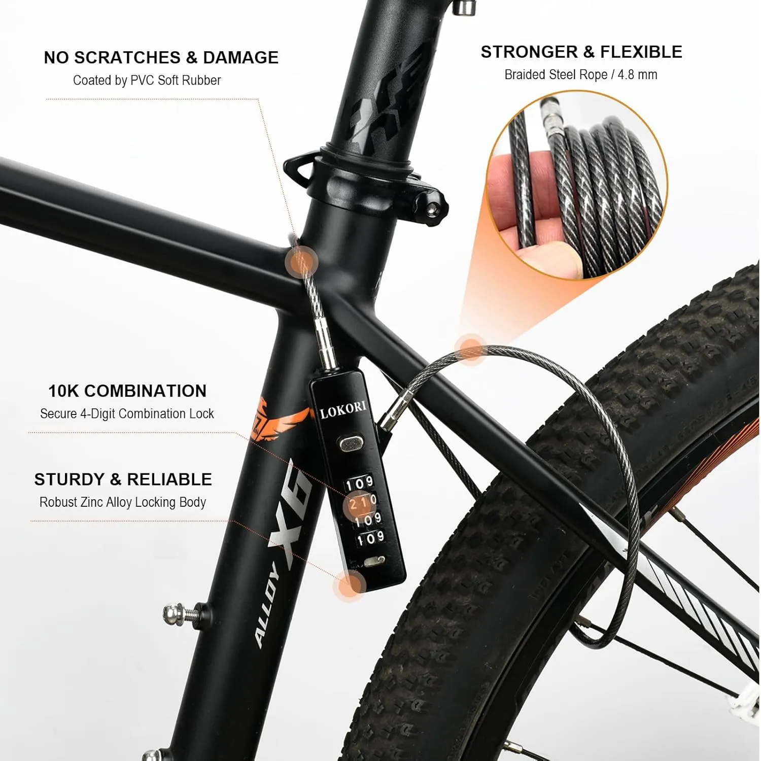 Cable Locks with Combination, 3 Interchangeable Locking Cables with 4 Digit Combination Lock, Wide Use for Security Link to Bike, Gate, Fence, Travel Luggage, Cabinet