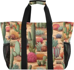 Cactus Flower Succulents Tote Bag for Women with Zipper Large Beach Bags Foldable Handbags Totes Work Bag for Pool Grocery Travel Gym