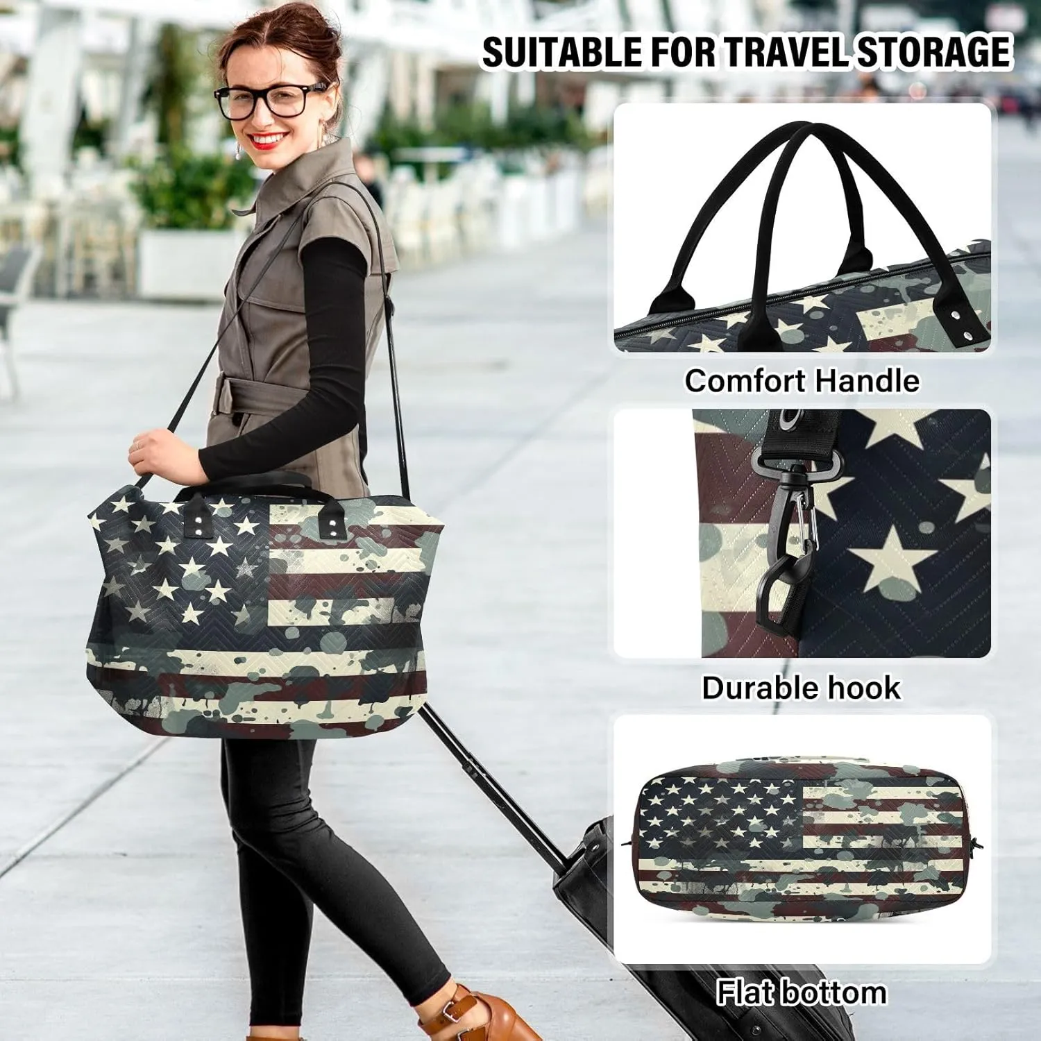 Camouflage America Flag Sports Gym Bag for Women Men Travel Duffel Bag Weekend Overnight Carry on Bag with Toiletry Bag Hospital Bag for Swimming Yoga Workout Plane Hospital