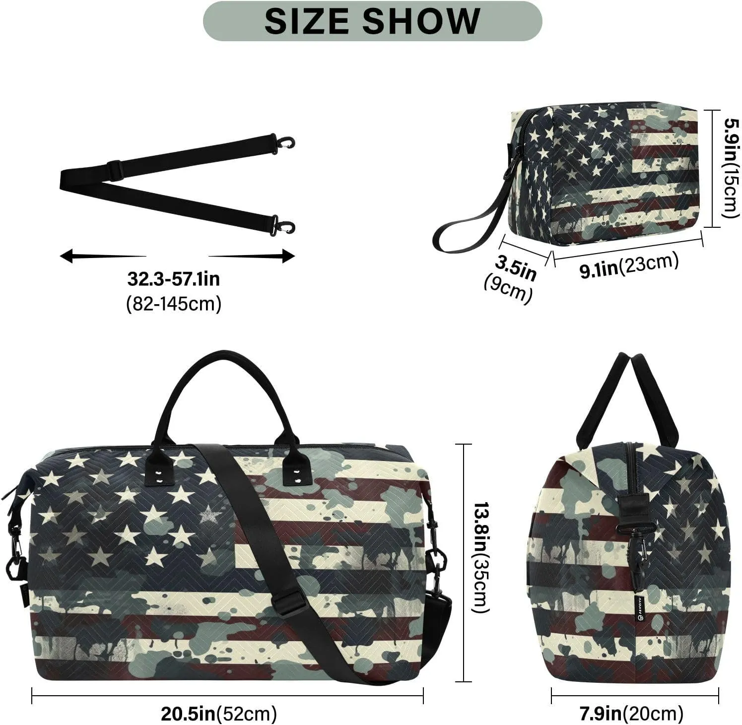 Camouflage America Flag Sports Gym Bag for Women Men Travel Duffel Bag Weekend Overnight Carry on Bag with Toiletry Bag Hospital Bag for Swimming Yoga Workout Plane Hospital