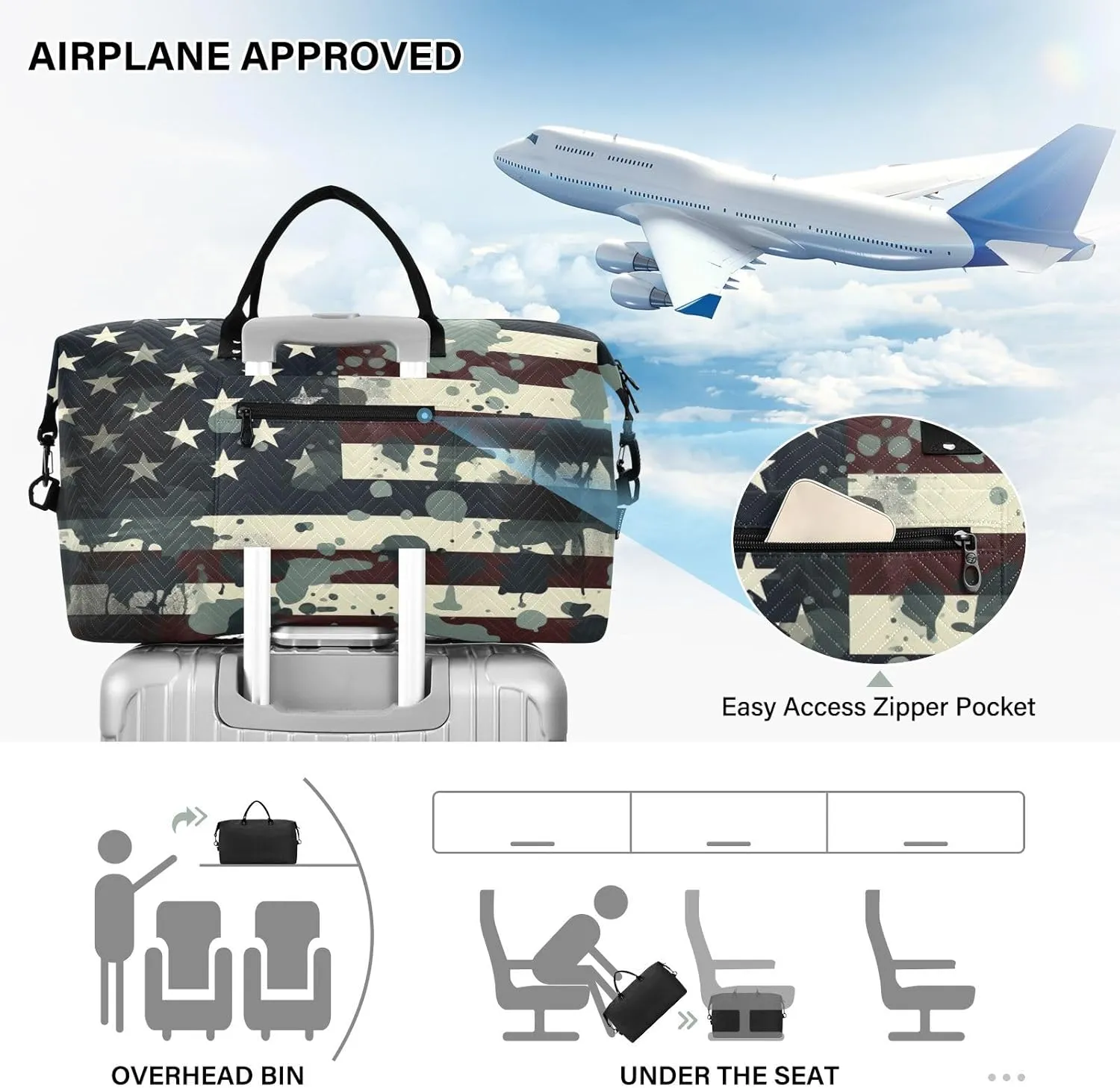 Camouflage America Flag Sports Gym Bag for Women Men Travel Duffel Bag Weekend Overnight Carry on Bag with Toiletry Bag Hospital Bag for Swimming Yoga Workout Plane Hospital