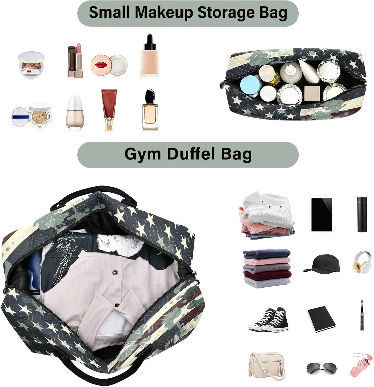 Camouflage America Flag Sports Gym Bag for Women Men Travel Duffel Bag Weekend Overnight Carry on Bag with Toiletry Bag Hospital Bag for Swimming Yoga Workout Plane Hospital