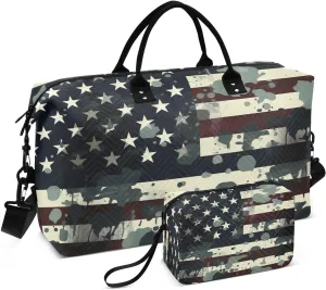 Camouflage America Flag Sports Gym Bag for Women Men Travel Duffel Bag Weekend Overnight Carry on Bag with Toiletry Bag Hospital Bag for Swimming Yoga Workout Plane Hospital