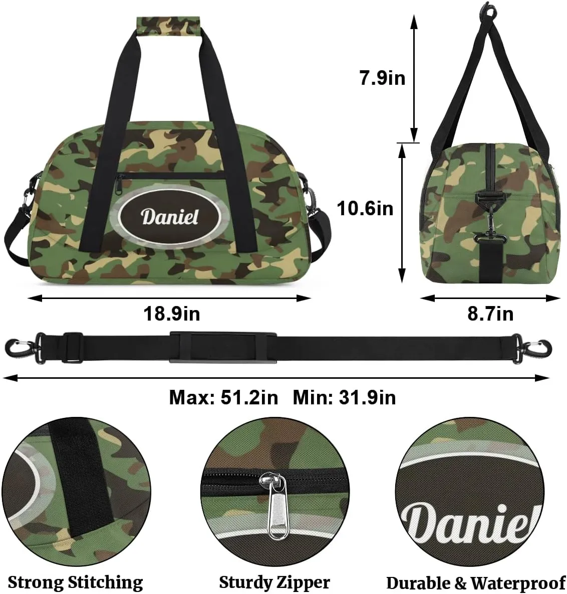 Camouflage Green Duffel Bag for Boys Custom Travel Duffel Bag for Kids Gym Bag with Name Small Sports Tote Bag for Boys Overnight Bag