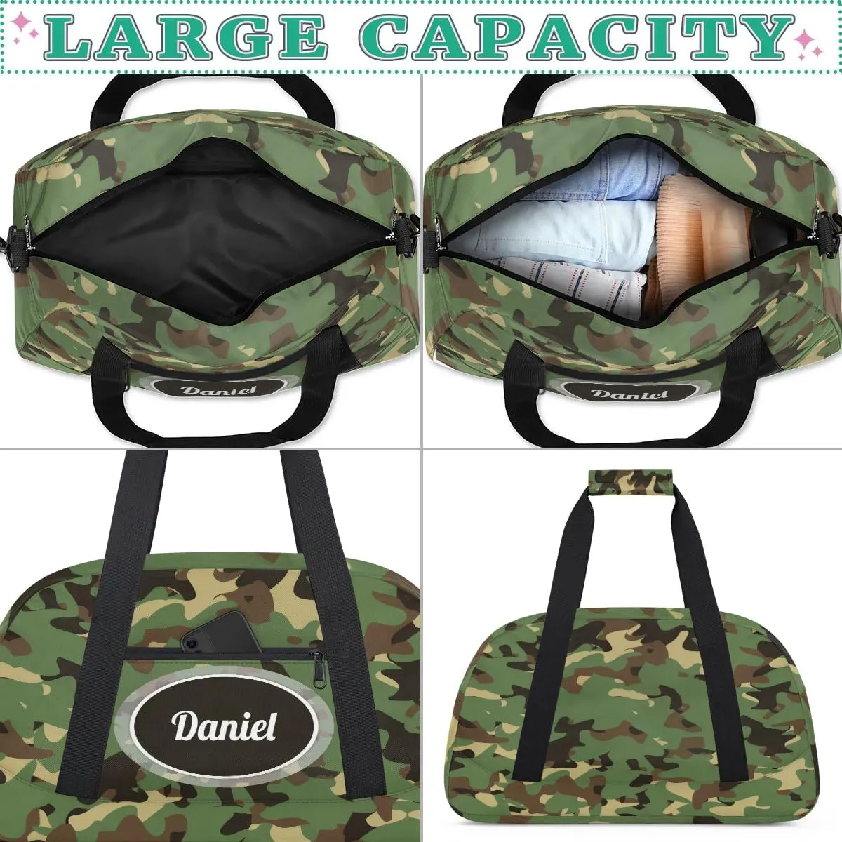 Camouflage Green Duffel Bag for Boys Custom Travel Duffel Bag for Kids Gym Bag with Name Small Sports Tote Bag for Boys Overnight Bag