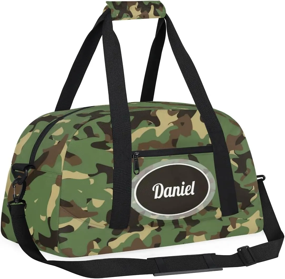 Camouflage Green Duffel Bag for Boys Custom Travel Duffel Bag for Kids Gym Bag with Name Small Sports Tote Bag for Boys Overnight Bag