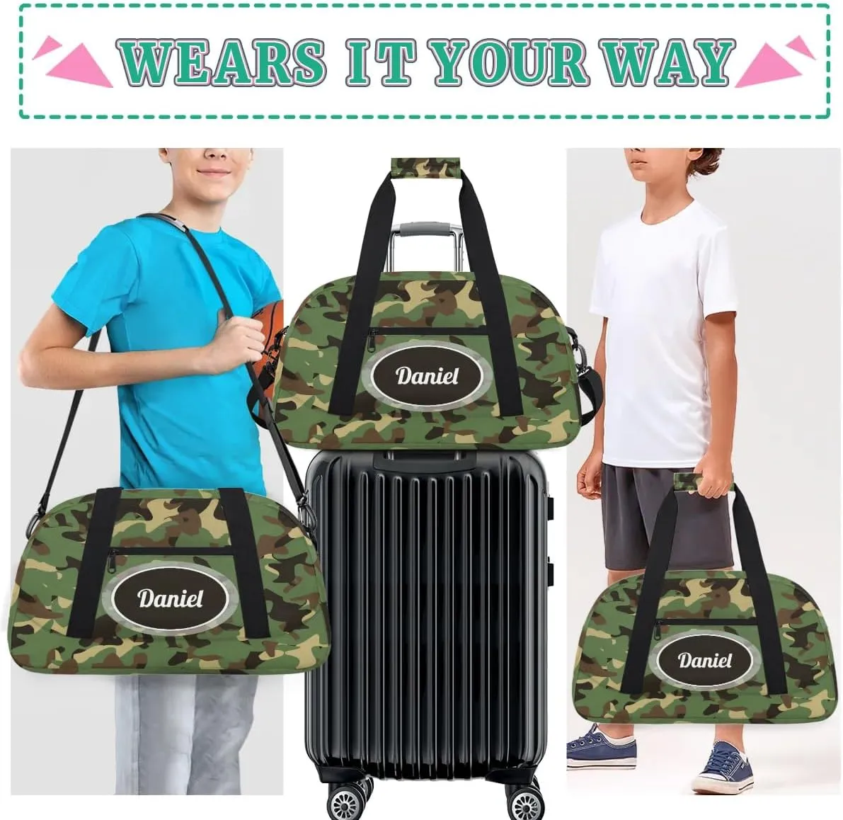 Camouflage Green Duffel Bag for Boys Custom Travel Duffel Bag for Kids Gym Bag with Name Small Sports Tote Bag for Boys Overnight Bag