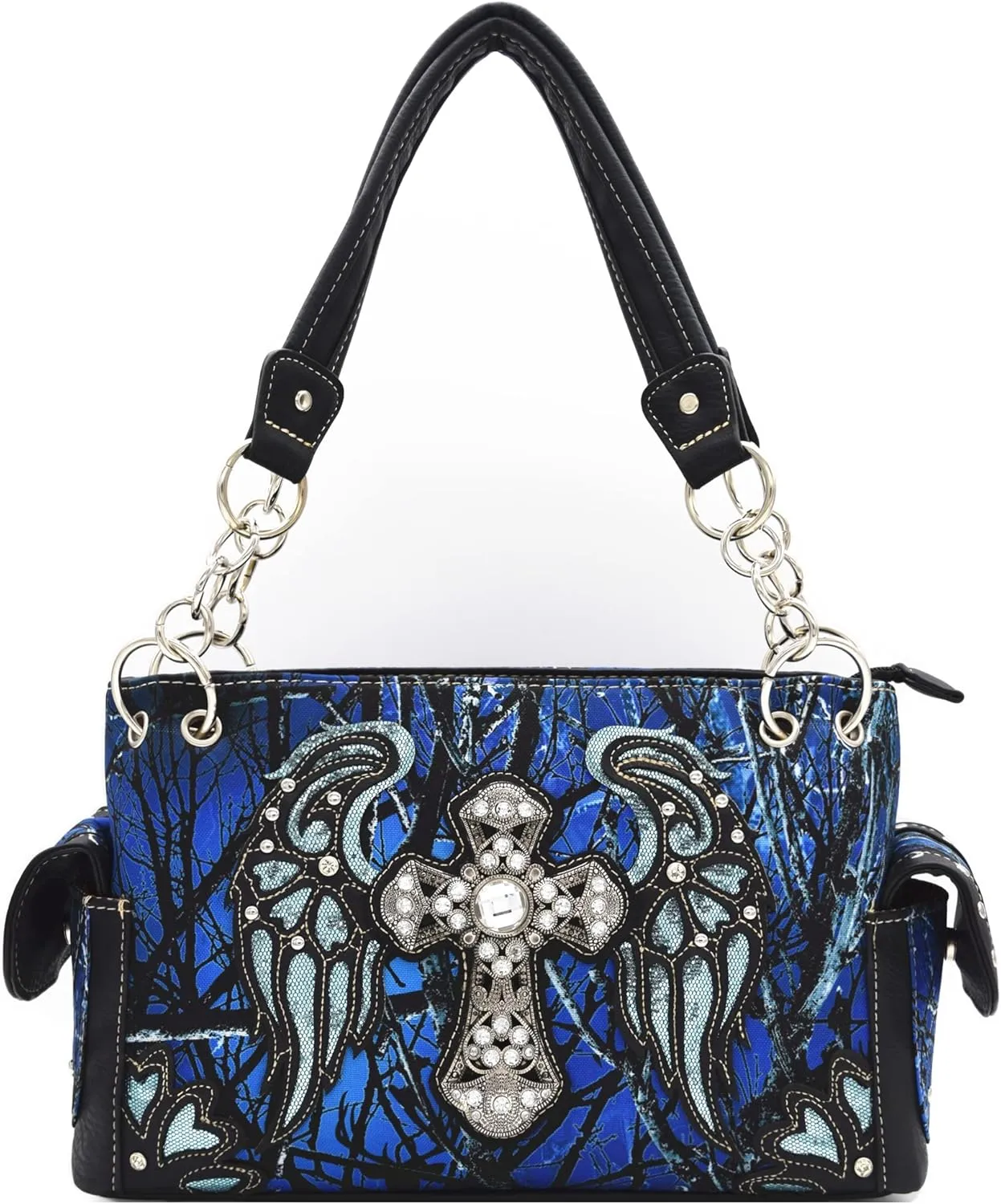 Camouflage Rhinestone Cross Laser Cut Shine Glow Wings Western Style Purse Country Handbag Women Shoulder Bag Wallet Set