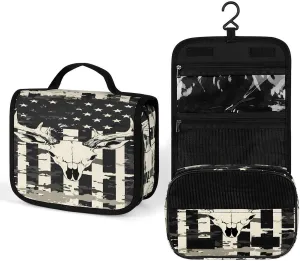 Camouflage U.S. Flag with Deer Skull Makeup Bag Portable Hanging Organizer for Travel Wash Bags With Handle And Divider