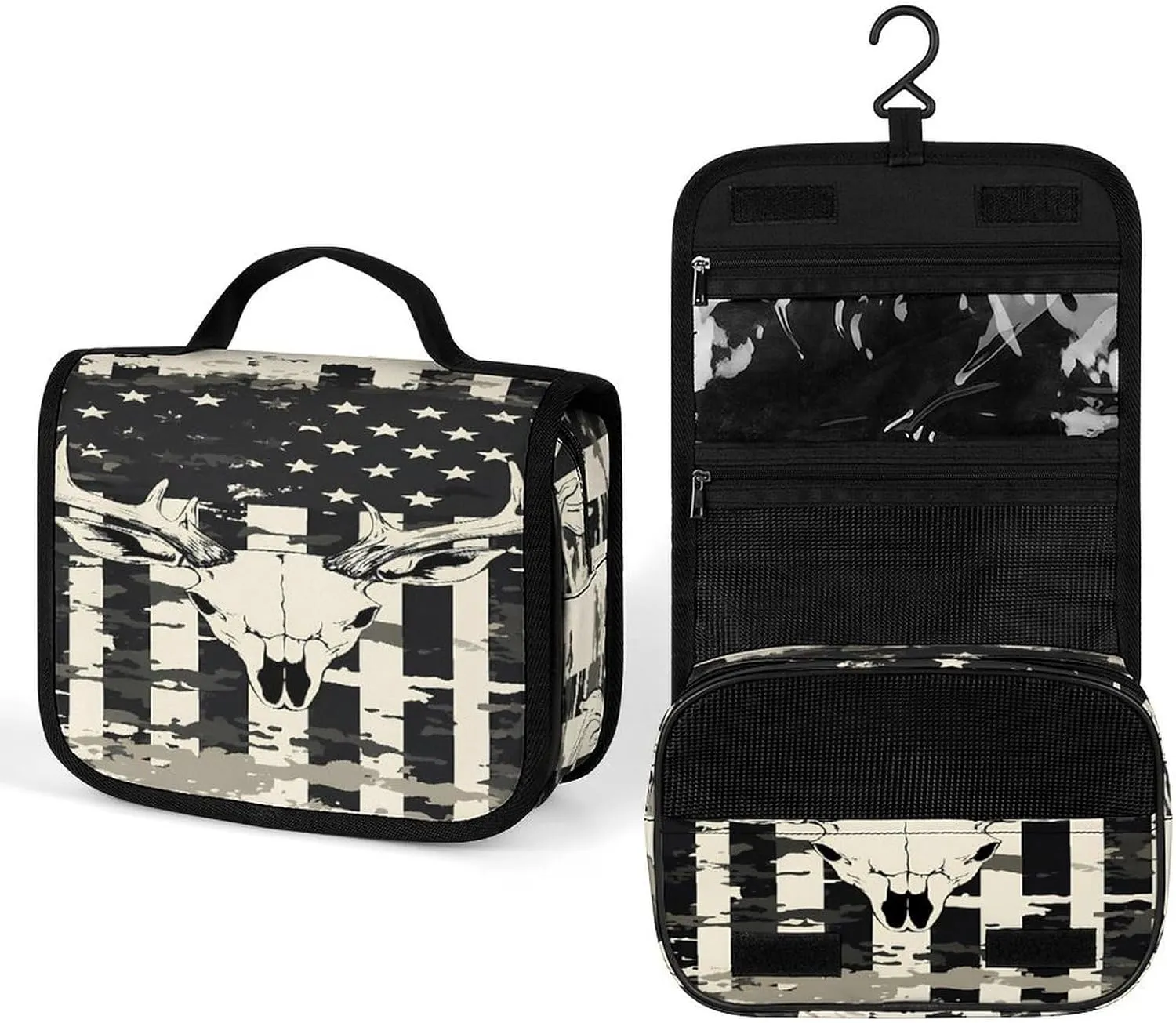 Camouflage U.S. Flag with Deer Skull Makeup Bag Portable Hanging Organizer for Travel Wash Bags With Handle And Divider