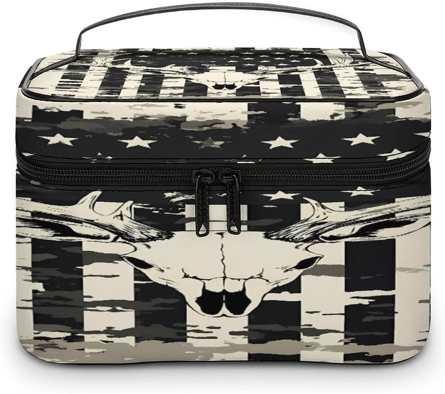 Camouflage U.S. Flag with Deer Skull Portable Makeup Bag Large Capacity Toiletry Receiving Cosmetic Bags With Handle And Divider