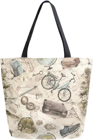 Canvas Tote Bag Bicycle Maps Postal Stamps Women Shoulder Bag Aged Paper Summer Reusable Grocery Bags Large Handbag Travel Shopping Bag for School Nursing Gift Outdoors