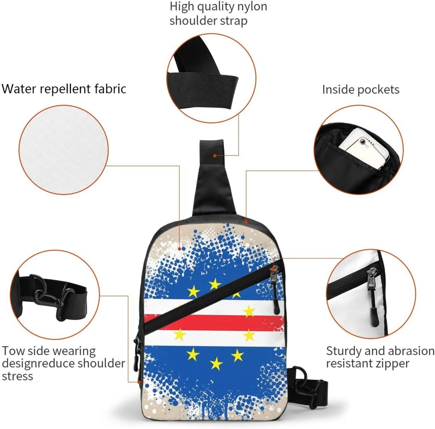 Cape Verde Cabo Verdean Flag Packable Crossbody Bag Portable Sling Bags Foldable Travel Daypack Reusable Sports Shoulder Backpack Diagonally Chest Bag for Workout