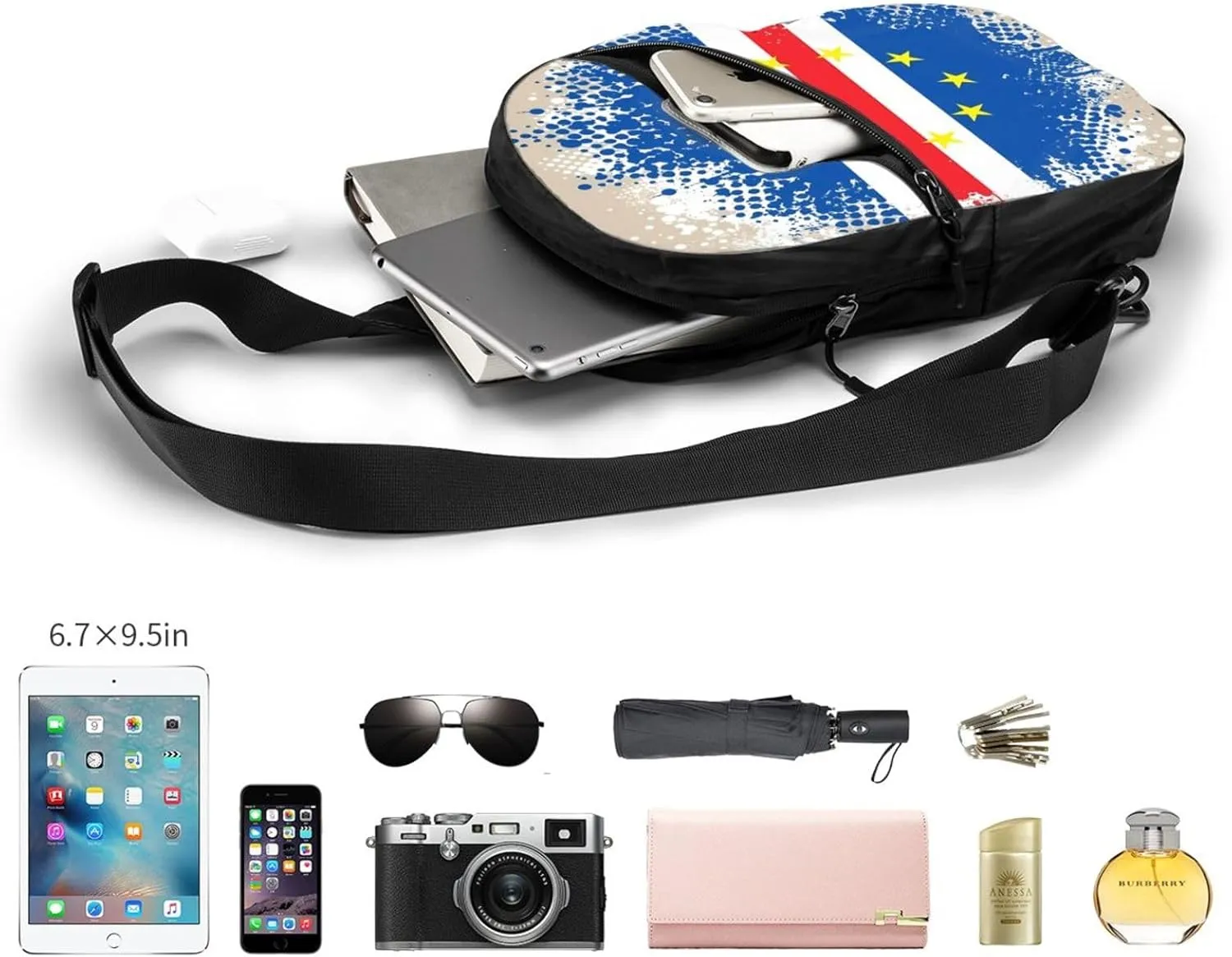 Cape Verde Cabo Verdean Flag Packable Crossbody Bag Portable Sling Bags Foldable Travel Daypack Reusable Sports Shoulder Backpack Diagonally Chest Bag for Workout