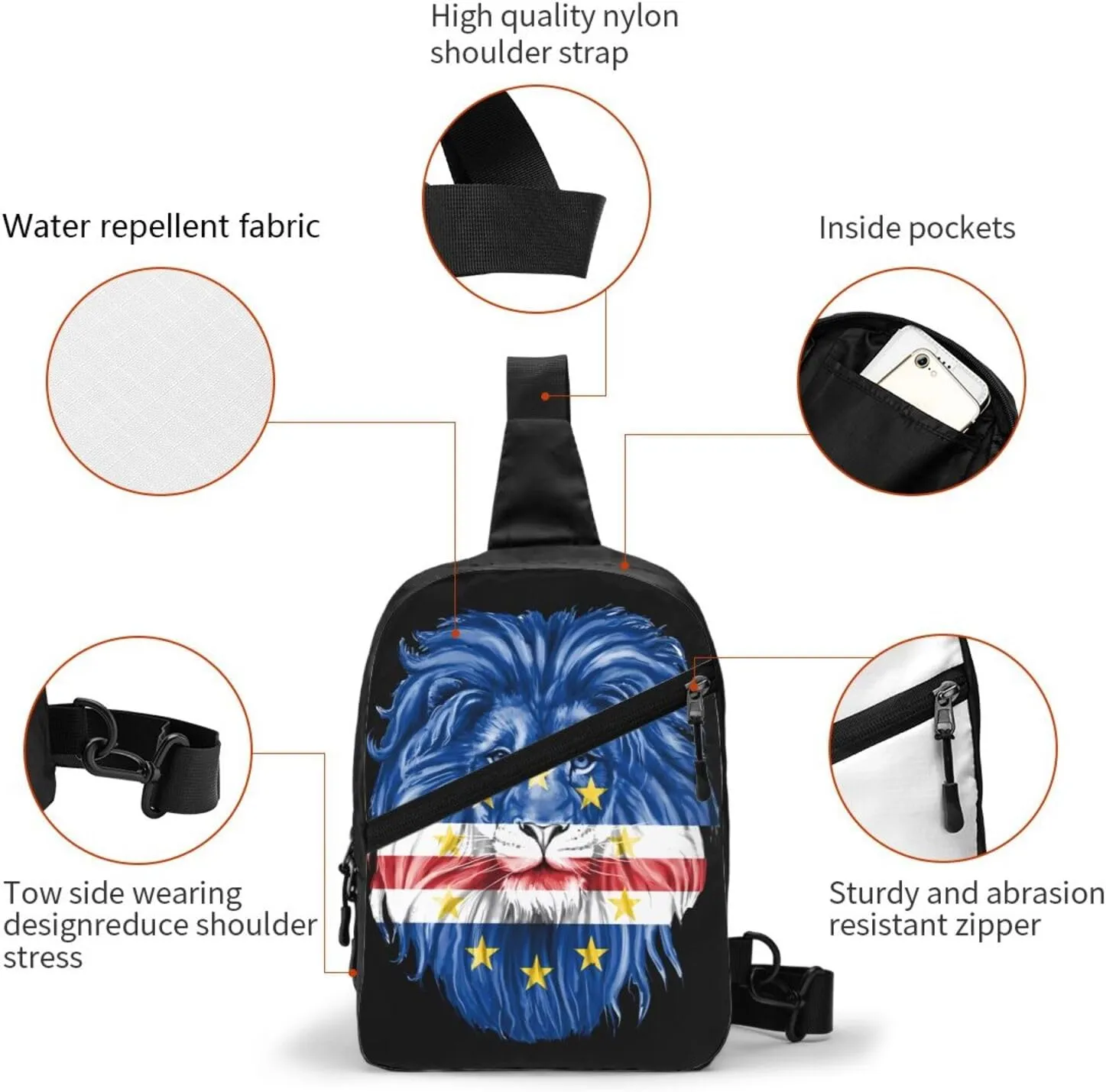 Cape Verde Lion Flag Packable Crossbody Bag Portable Sling Bags Foldable Travel Daypack Reusable Sports Shoulder Backpack Diagonally Chest Bag for Workout