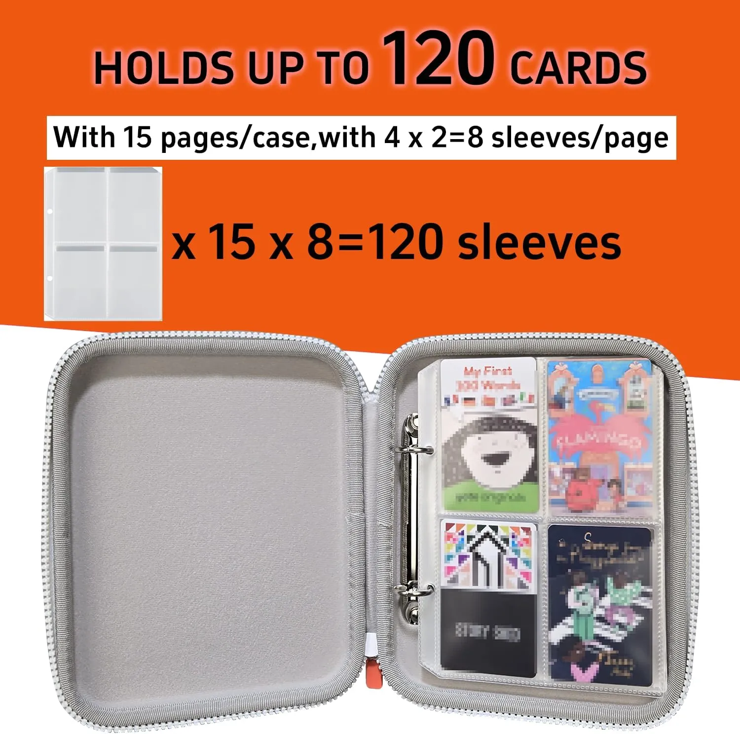 Card Holder for YOTO Player Cards - 120 Pockets Portable Binder with Zipper, Carry Strap & Sleeves for Yoto Player/Mini Audiobook Cards, Travel-Friendly Hard Storage Organizer（Orange）