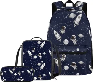 Cartoon Astronauts and Space Backpack with Lunch Box Kindergarten Backpacks Cute Pencil Case Pouch Organizer for School Study Supplies