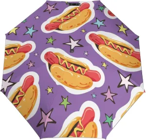 Cartoon of Hotdog Compact Travel Umbrella, Windproof Waterproof Stick Umbrella Protection Umbrellas for Backpack, Purse, Portable,
