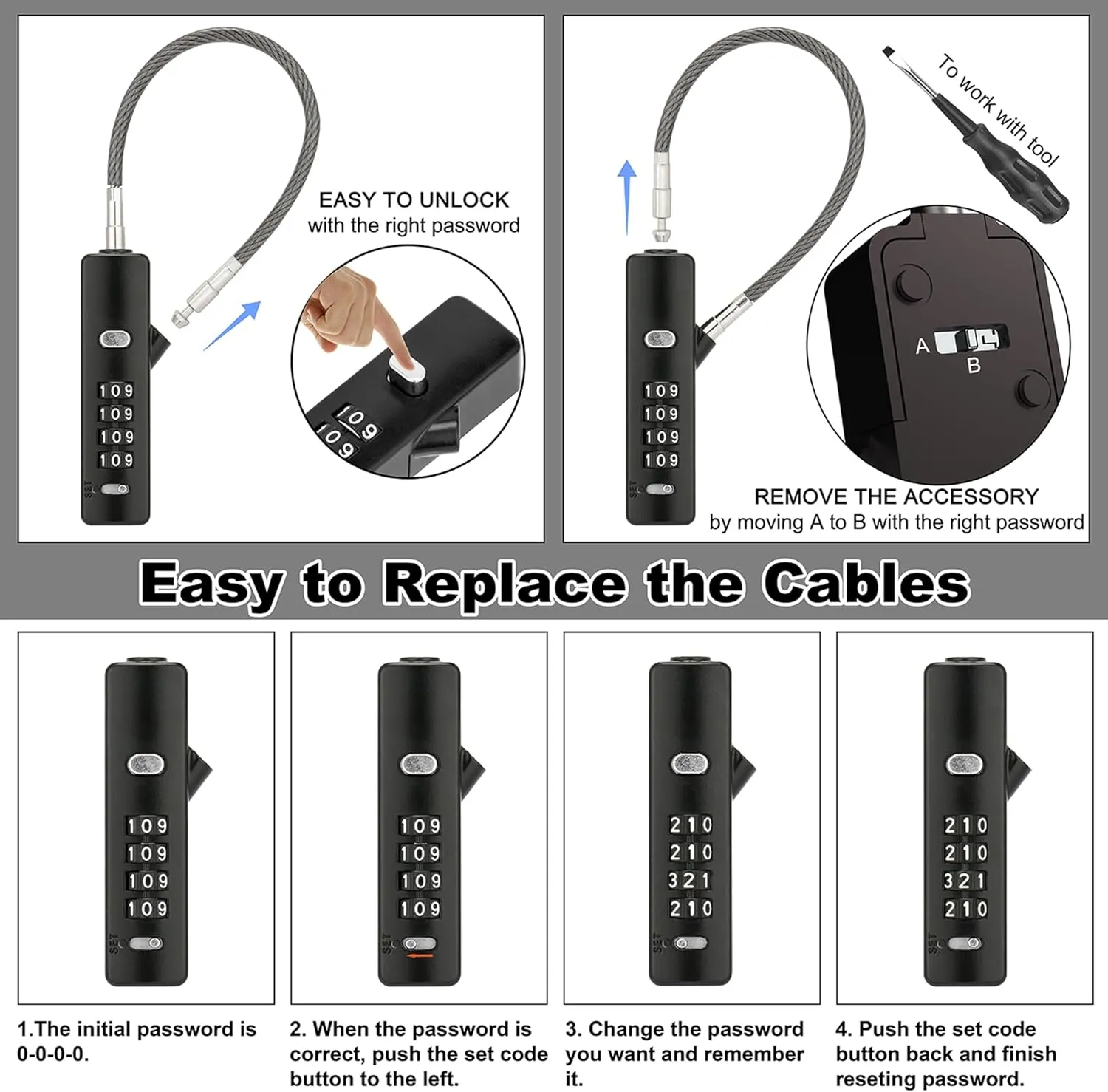 Chain Link Lock, 3 Insterchangeable Multi-Length Cables Zinc Alloy Combination Lock, with 1/5 Inch Locking Cable, Wide Use for Small Bike, Outdoor Fence, Suitcase, Travel Luggage