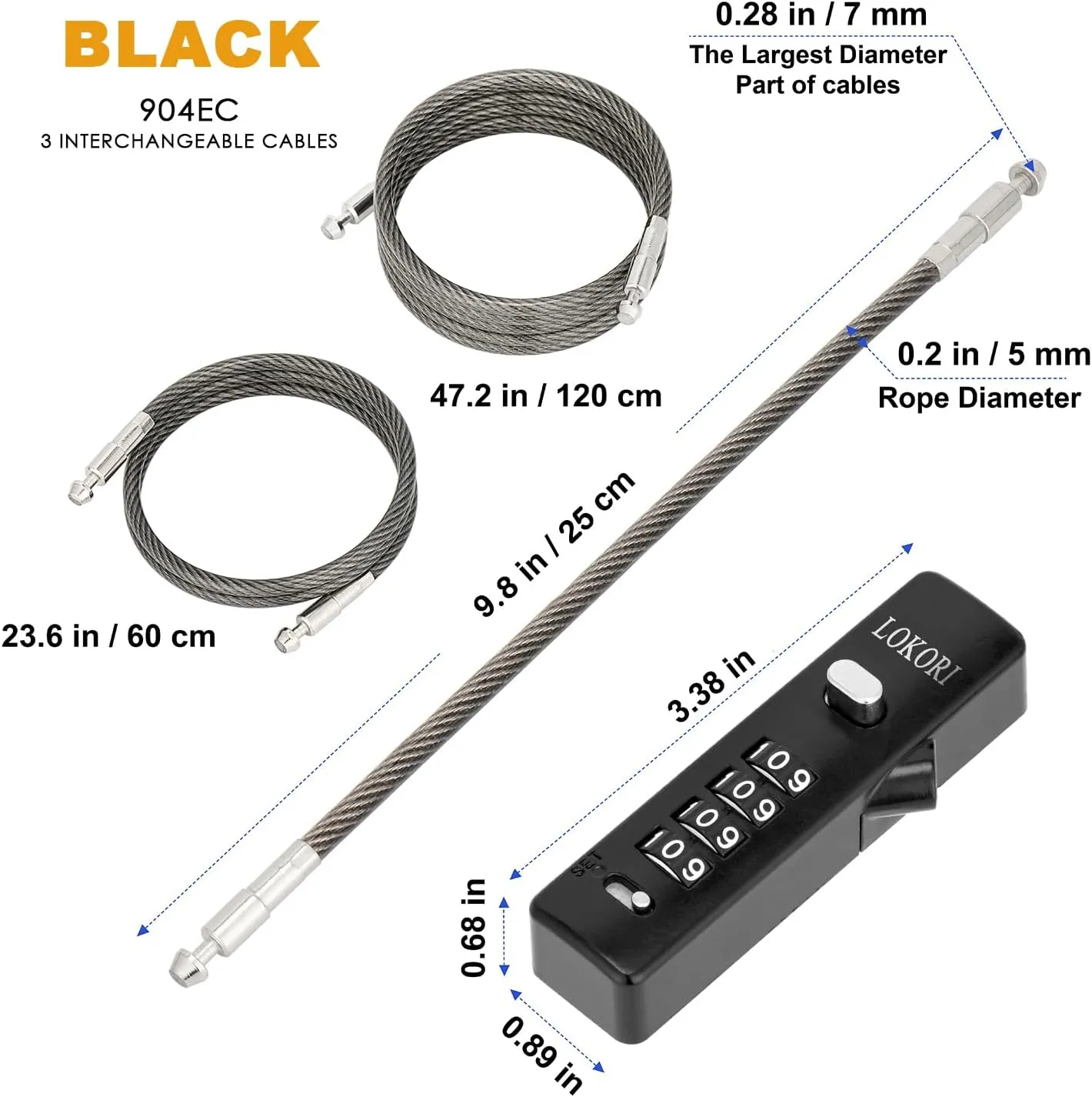 Chain Link Lock, 3 Insterchangeable Multi-Length Cables Zinc Alloy Combination Lock, with 1/5 Inch Locking Cable, Wide Use for Small Bike, Outdoor Fence, Suitcase, Travel Luggage