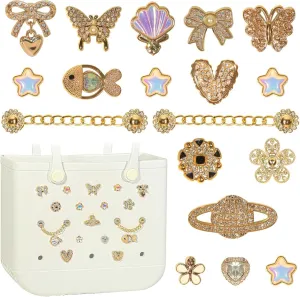 Charms for Bogg Bag, Pearls Butterfly Flowers for Bogg Bag Accessories Charms, Gold Short Heart Chain Compatible with Simply Southern Beach Bag Tote, Insert for Rubber Beach Tote Handbag (18 Pcs)
