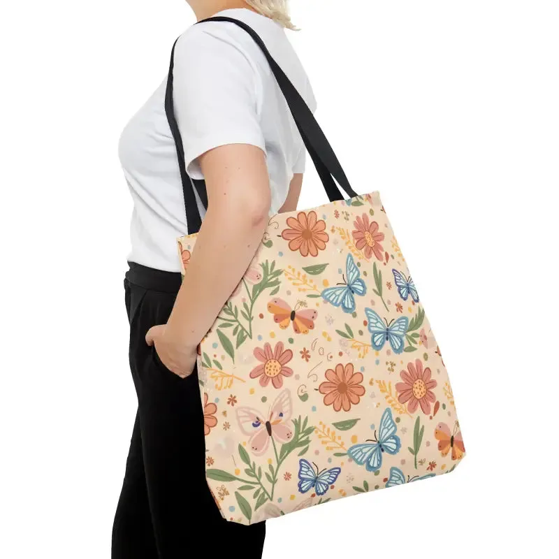 Chic Tote Bag with Flowers and Butterflies