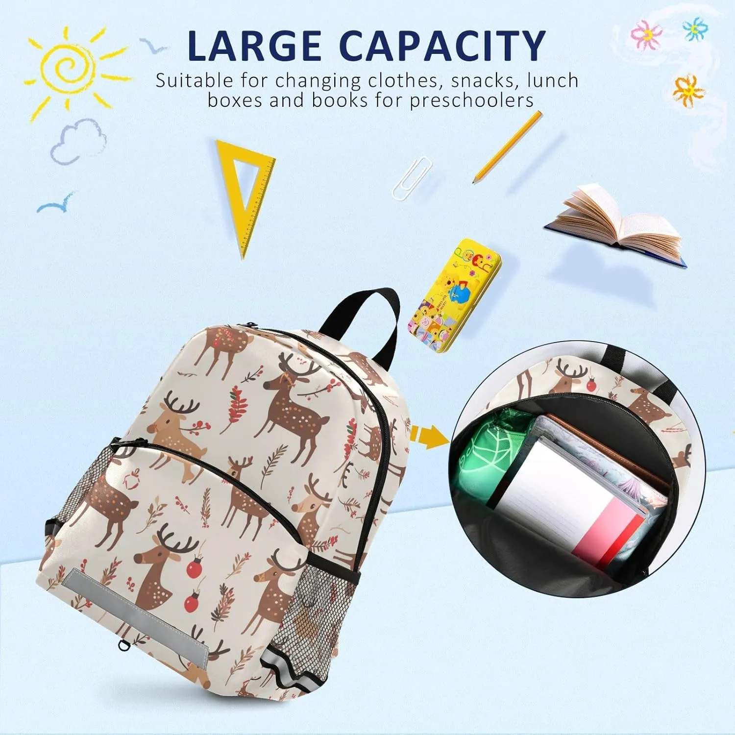Christmas Pattern Reindeer Kids Backpack Waterproof Cute School Bags Travel Outdoor Daypack