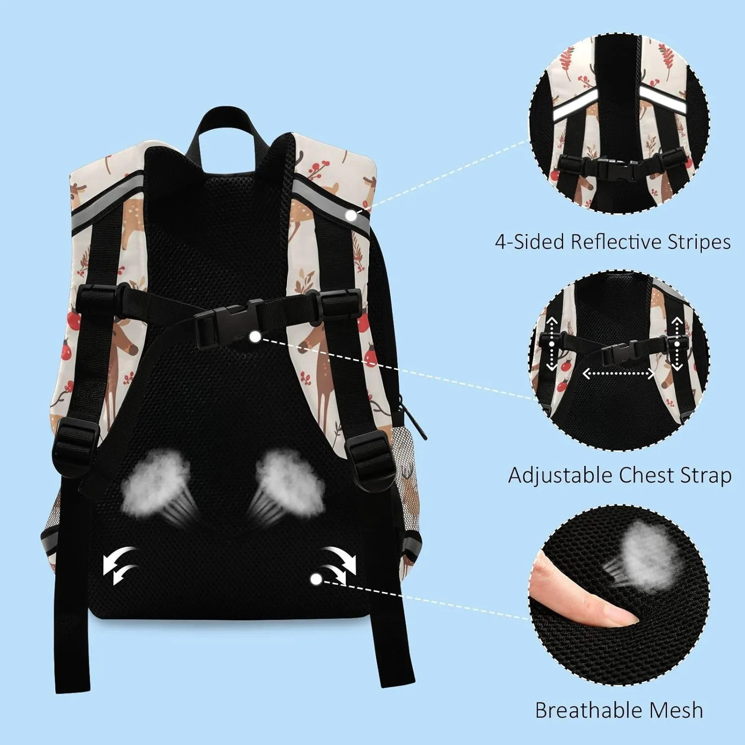 Christmas Pattern Reindeer Kids Backpack Waterproof Cute School Bags Travel Outdoor Daypack