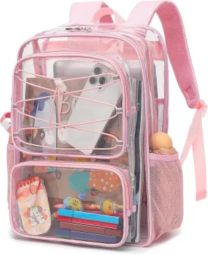 Clear School Backpack for Girls Women, Kids Teens Heavy Duty See Through College Bookbag Transparent School Bag (Light Pink)