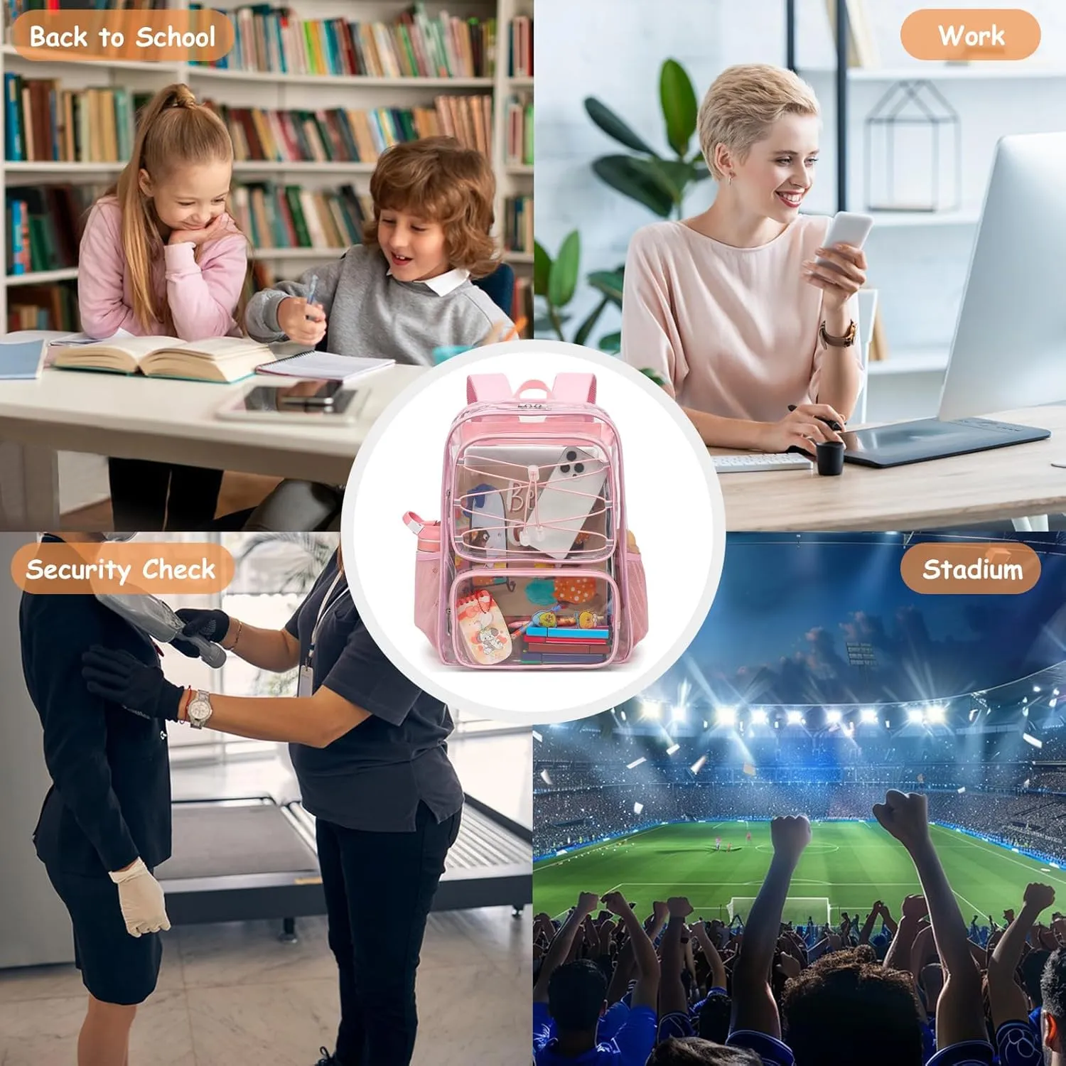 Clear School Backpack for Girls Women, Kids Teens Heavy Duty See Through College Bookbag Transparent School Bag (Light Pink)