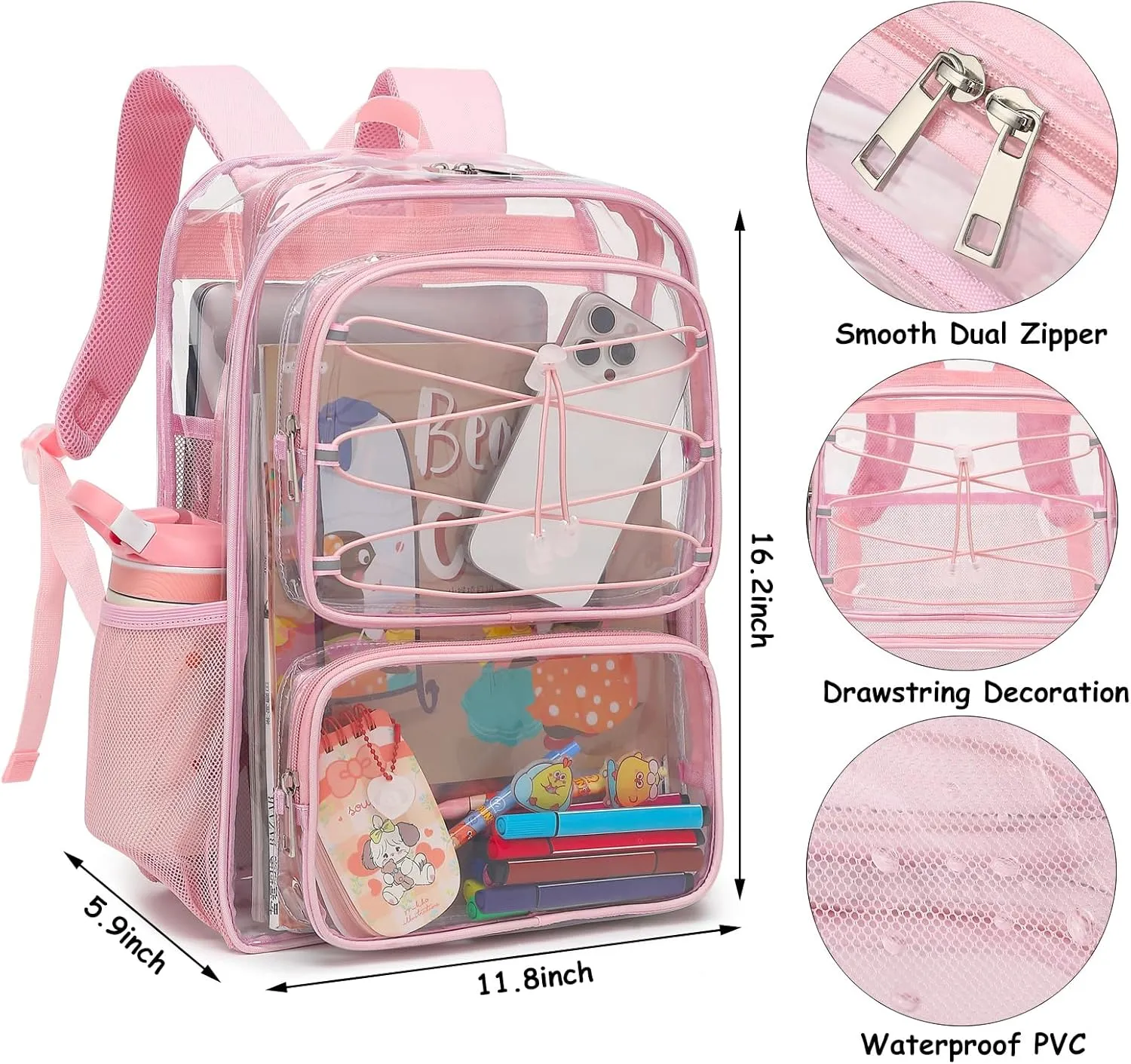 Clear School Backpack for Girls Women, Kids Teens Heavy Duty See Through College Bookbag Transparent School Bag (Light Pink)
