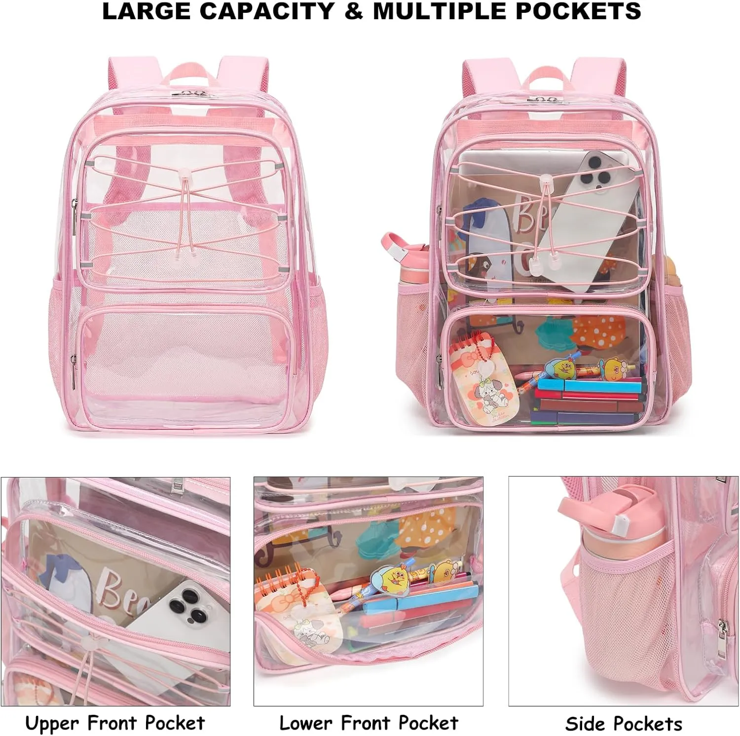 Clear School Backpack for Girls Women, Kids Teens Heavy Duty See Through College Bookbag Transparent School Bag (Light Pink)