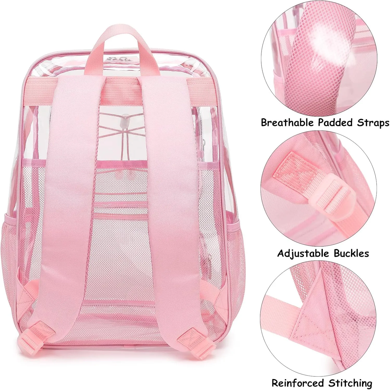 Clear School Backpack for Girls Women, Kids Teens Heavy Duty See Through College Bookbag Transparent School Bag (Light Pink)