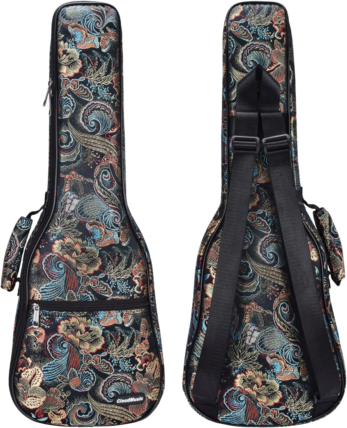 CLOUDMUSIC Ukulele Case Gig Bag Padded Backpack For Soprano 21" Inch(Soprano,Embroider Peacock Flowers)
