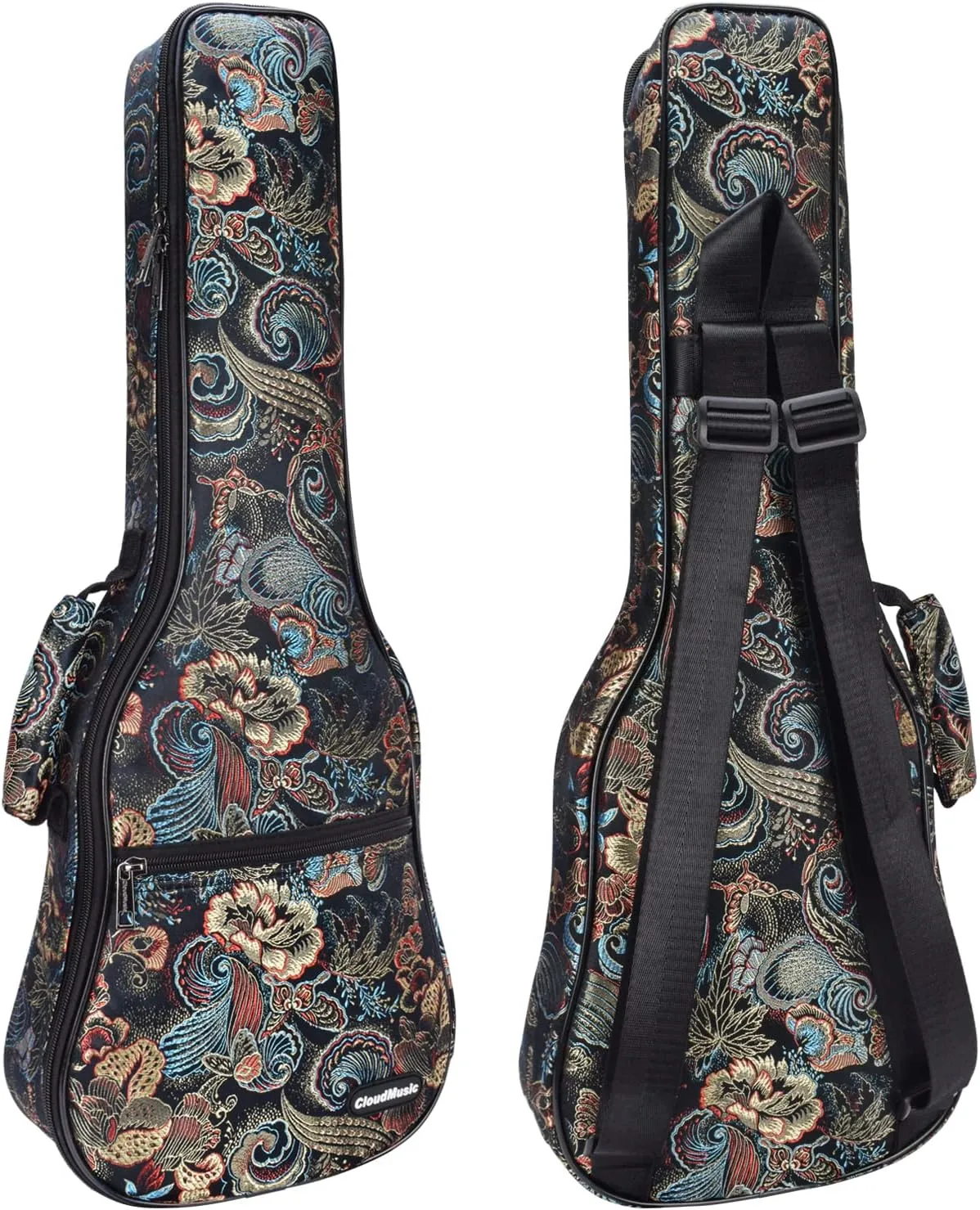 CLOUDMUSIC Ukulele Case Gig Bag Padded Backpack For Soprano 21" Inch(Soprano,Embroider Peacock Flowers)