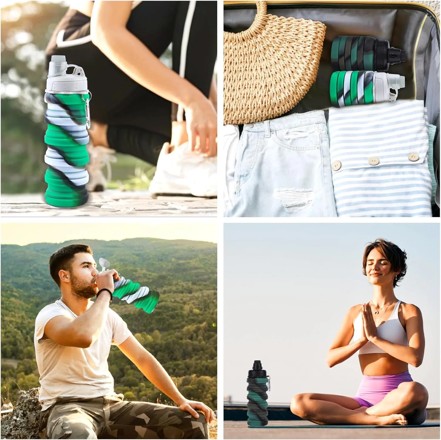 Collapsible Water Bottle for Adults, Boys, Students, Kids, Reusable Silicone Foldable Water Bottles for Travel Camping Hiking Sports,Leak-Proof Portable Sports Water Bottle (Camouflage & Green)