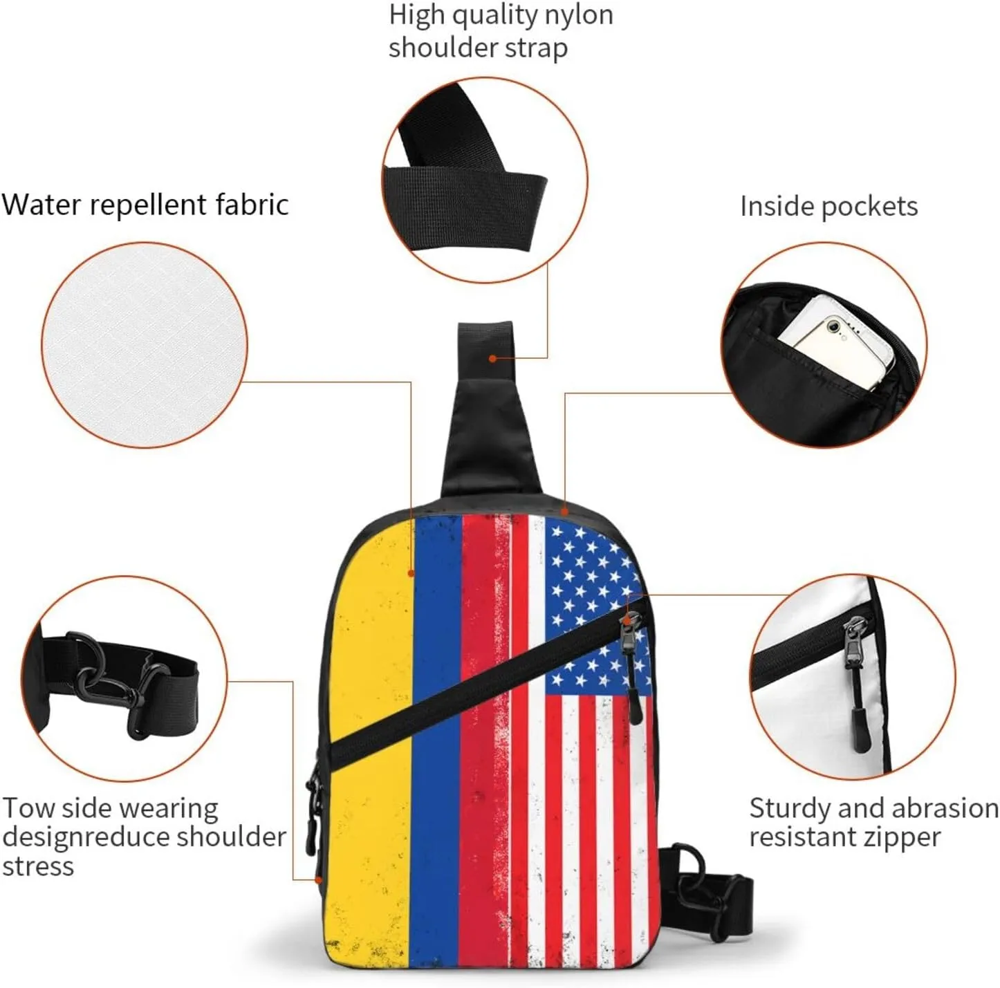 Colombian Colombia American Flag Packable Crossbody Bag Portable Sling Bags Foldable Travel Daypack Reusable Sports Shoulder Backpack Diagonally Chest Bag for Workout
