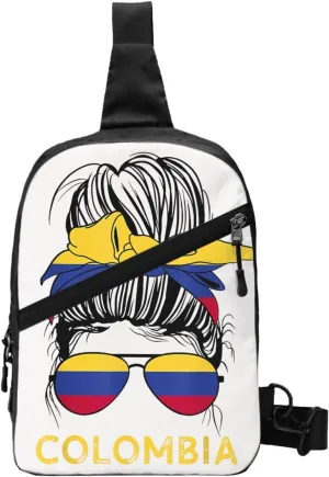 Colombian Women Messy Hair Sunglasses Colombia Flag Packable Crossbody Bag Portable Sling Bags Foldable Travel Daypack Reusable Sports Shoulder Backpack Diagonally Chest Bag for Workout