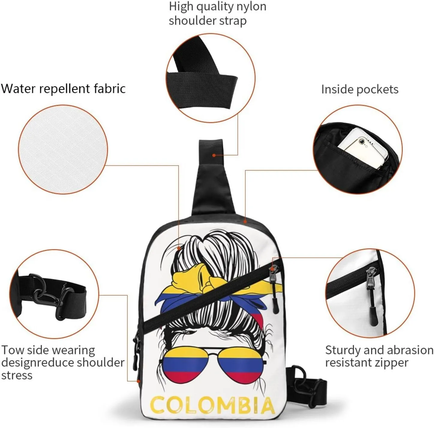 Colombian Women Messy Hair Sunglasses Colombia Flag Packable Crossbody Bag Portable Sling Bags Foldable Travel Daypack Reusable Sports Shoulder Backpack Diagonally Chest Bag for Workout