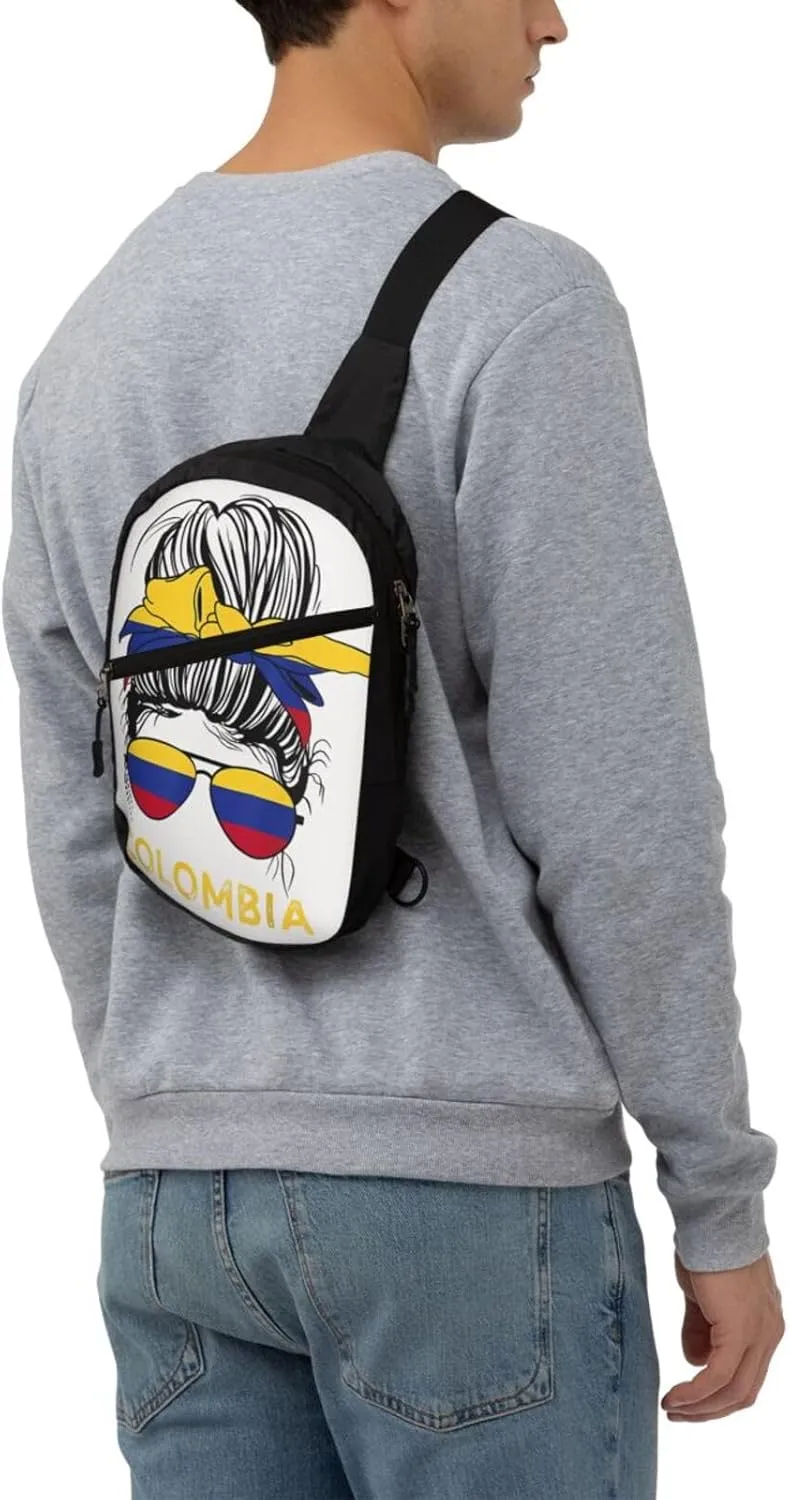 Colombian Women Messy Hair Sunglasses Colombia Flag Packable Crossbody Bag Portable Sling Bags Foldable Travel Daypack Reusable Sports Shoulder Backpack Diagonally Chest Bag for Workout