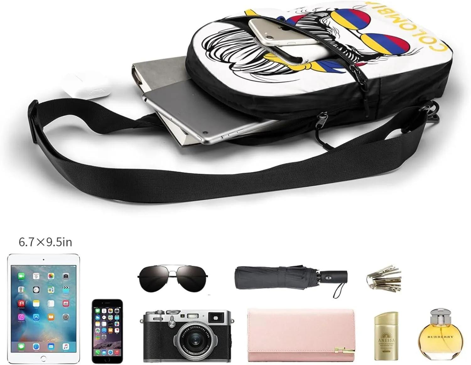 Colombian Women Messy Hair Sunglasses Colombia Flag Packable Crossbody Bag Portable Sling Bags Foldable Travel Daypack Reusable Sports Shoulder Backpack Diagonally Chest Bag for Workout