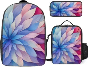 Colorful Flowers Petals Backpack Adjustable Shoulder Daypack Laptop Bag with Lunch Box and Pencil Case 3 in 1 Set