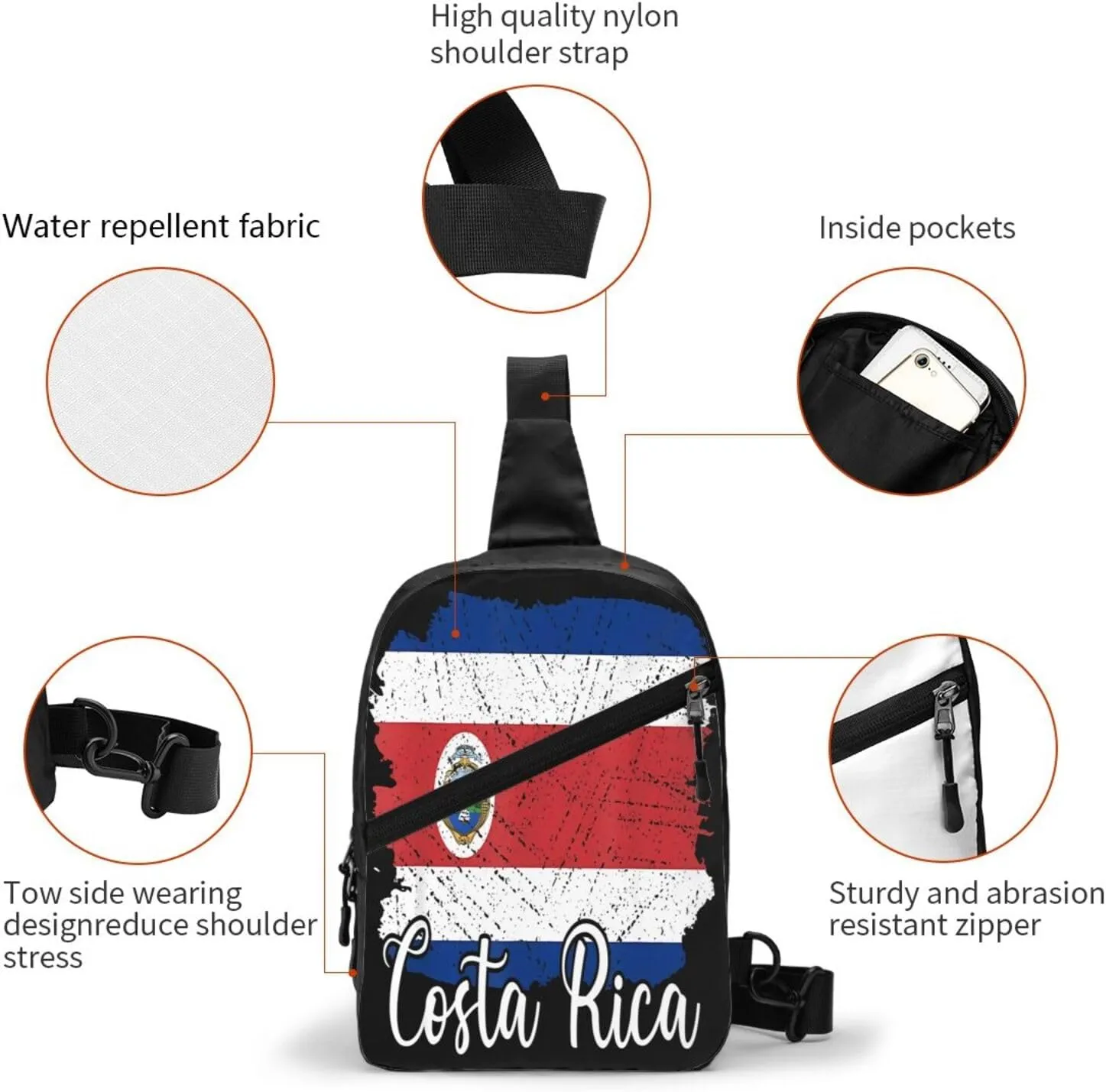 Costa Rica Flag Costa Rican Flags Packable Crossbody Bag Portable Sling Bags Foldable Travel Daypack Reusable Sports Shoulder Backpack Diagonally Chest Bag for Workout