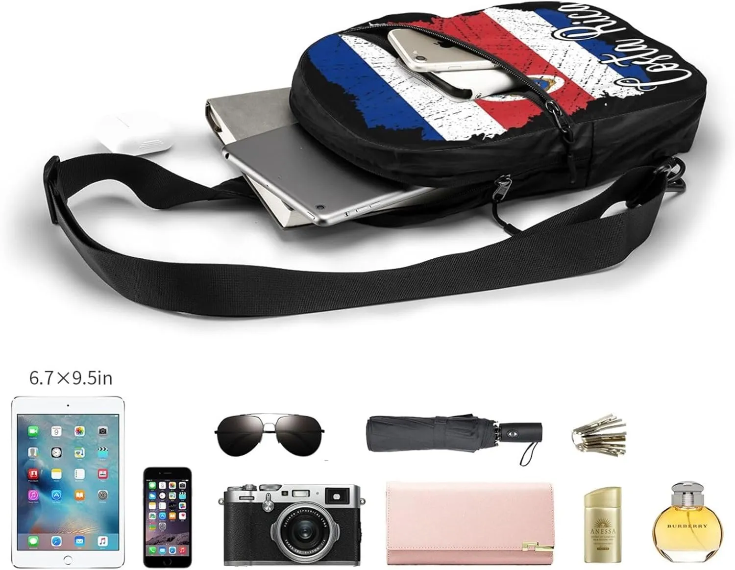 Costa Rica Flag Costa Rican Flags Packable Crossbody Bag Portable Sling Bags Foldable Travel Daypack Reusable Sports Shoulder Backpack Diagonally Chest Bag for Workout